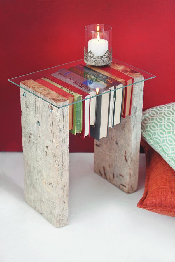 Diy Side Table Made From Two Rustic Boards, Drilled Books And Glass Top Photograph by Great Stock!