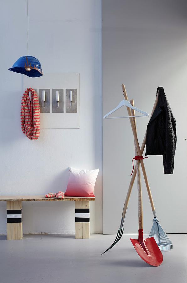 Diy Wooden Bench, Coat Stand Made From Disused Gardening Tools And Pendant Lamp Made From Hard Hat Photograph by Bodo Mertoglu