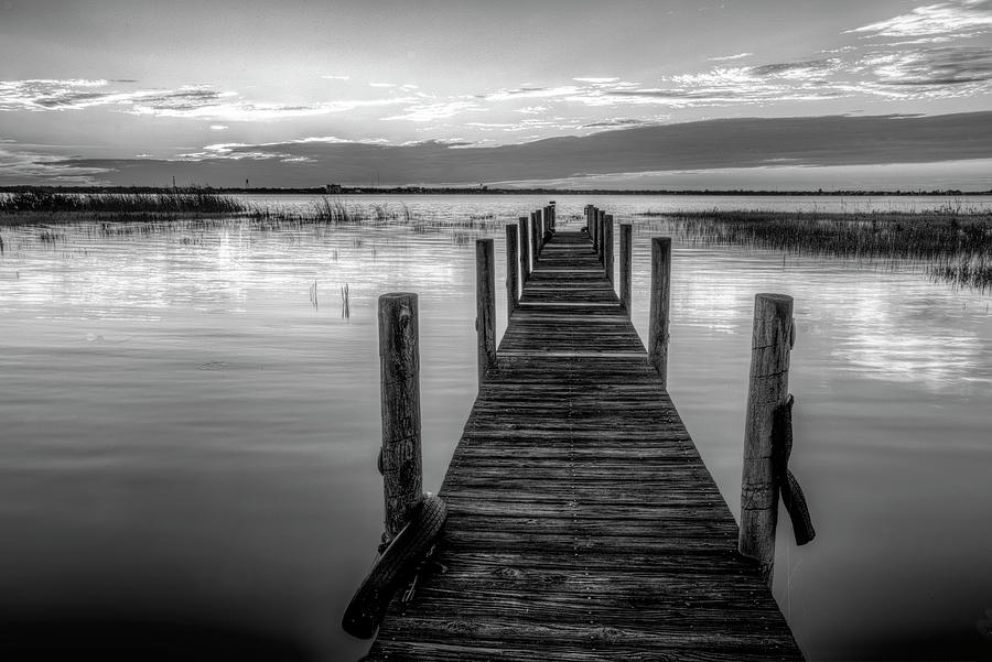 Dock at Sunset in Black and White Photograph by Debra and Dave Vanderlaan