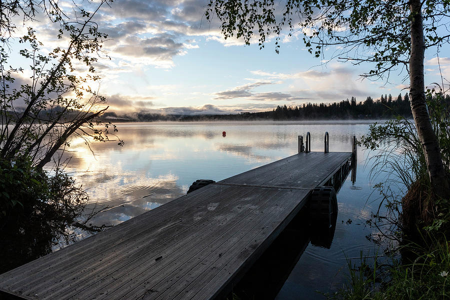 Dock By Calm Lake And Tree During Sunrise With Reflection Of Clouds Photograph by Cavan Images