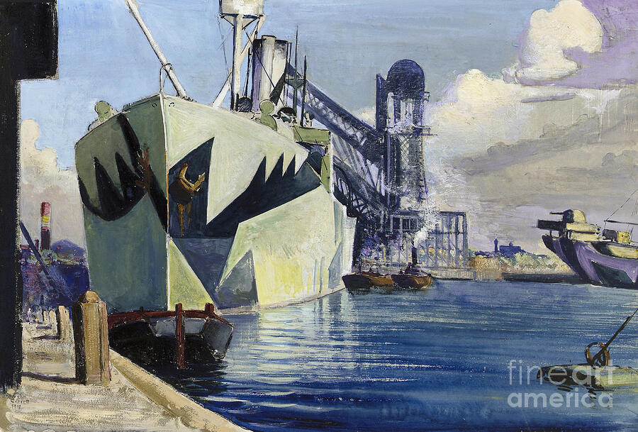 Boat Painting - Dock Canada In Liverpool, With An Anchored Warship, Painted With Colorful Camouflage by John Everett