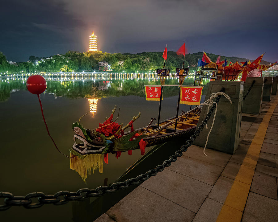Dragon Photograph - Docked Dragon Boat at Night I by William Dickman