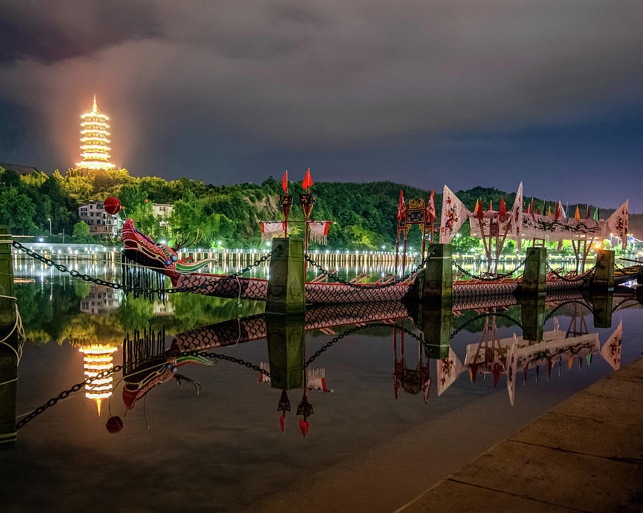 Docked Dragon Boat at Night II Photograph by William Dickman