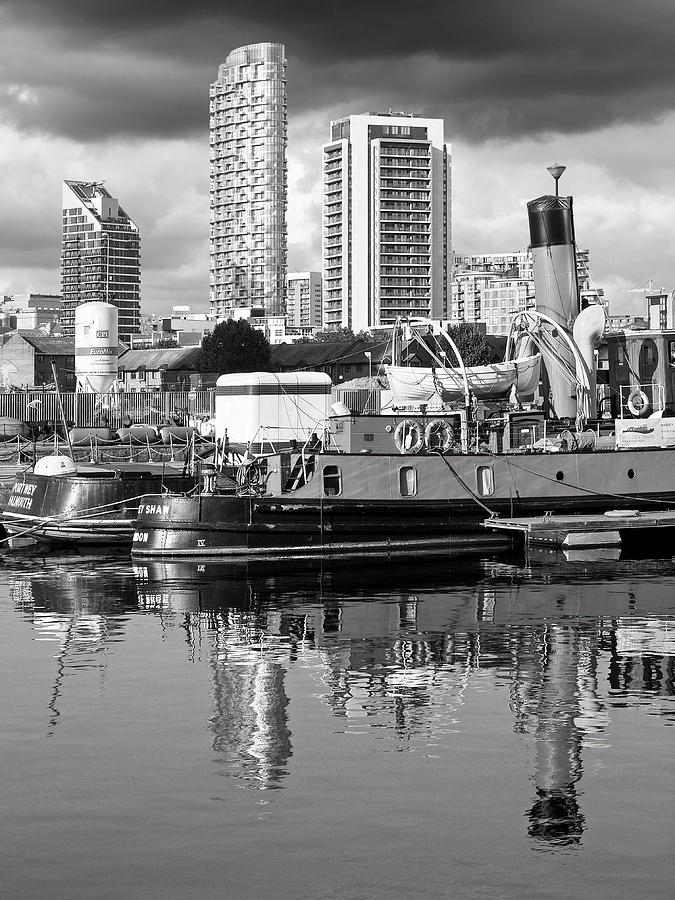 London Photograph - Docklands Boats And Construction Black And White Vertical by Gill Billington