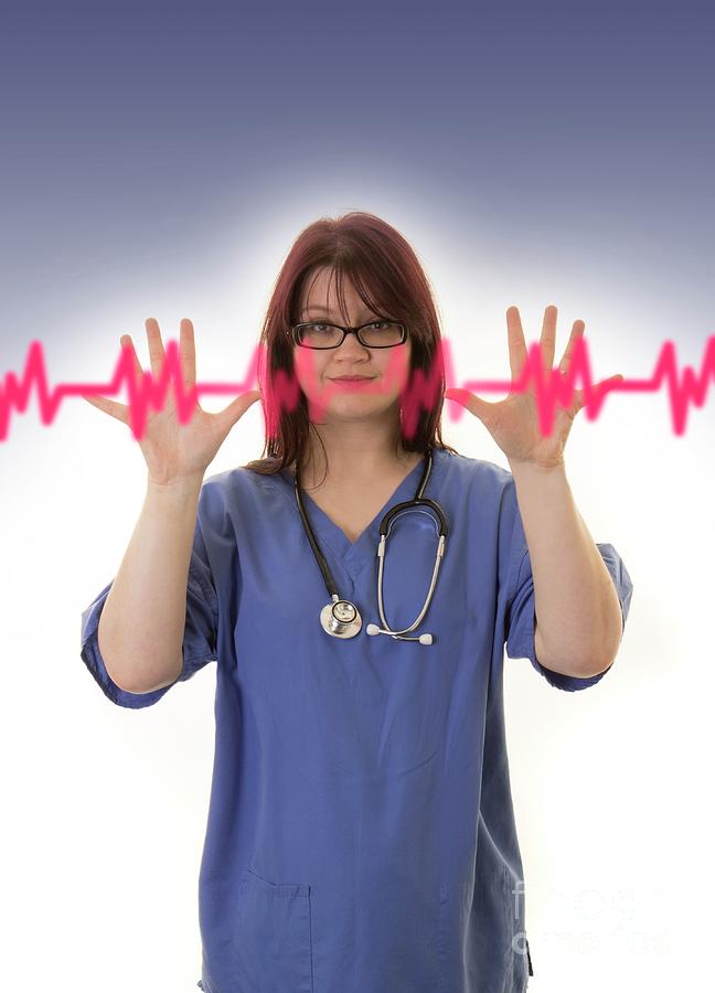 Composite Photograph - Doctor Touching Virtual Ecg by Victor Habbick Visions/science Photo Library