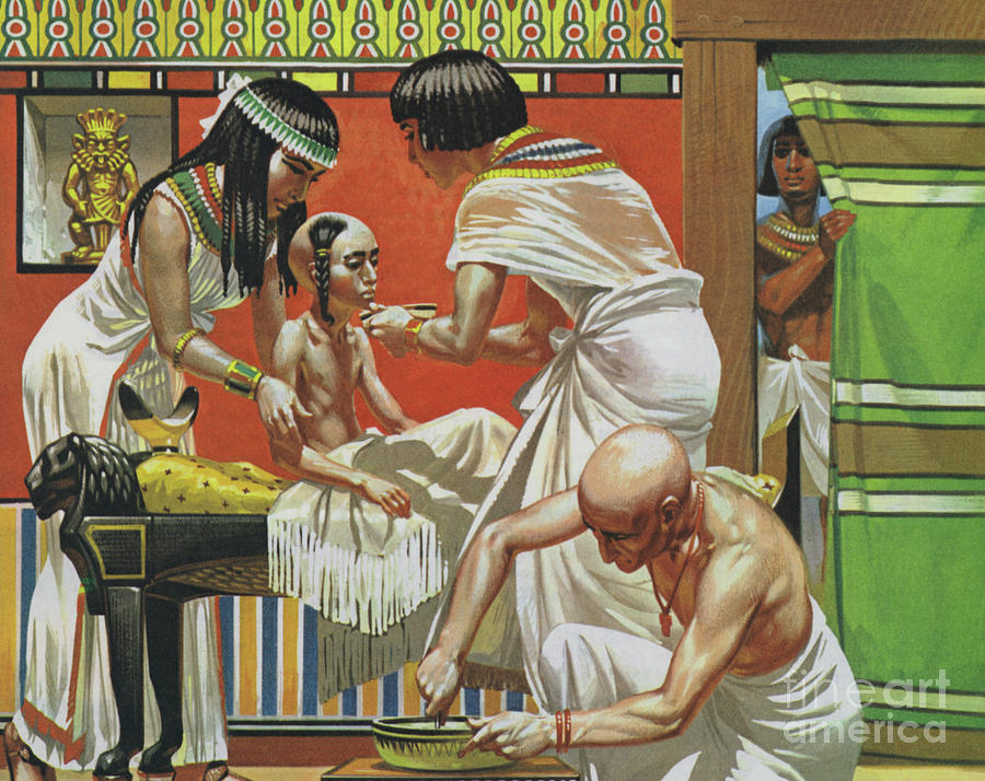 Doctor treating a child in ancient Egypt  Painting by Angus McBride