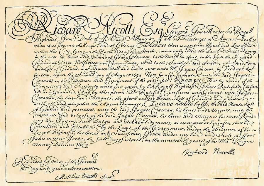 Document Signed By Richard Nicolls, British Governor Of The Colony Of New York, 1667 College Simile Colour Engraving Of The 19th Century Drawing by American School