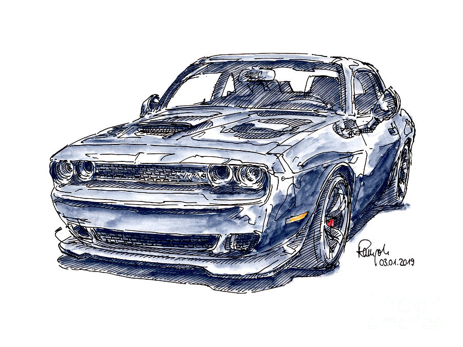 Dodge Challenger Srt8 Hellcat Sports Car Ink Drawing And Waterco