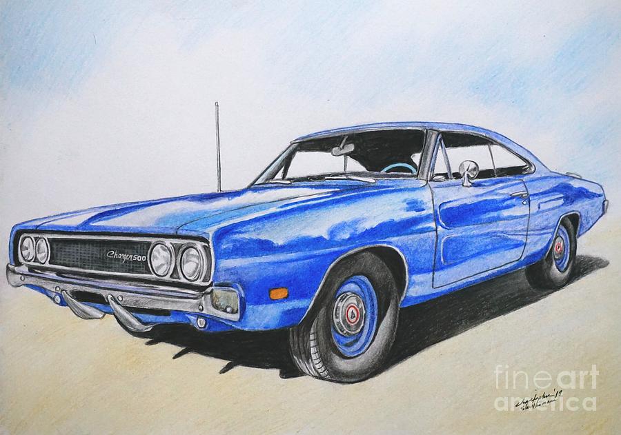 1969 Dodge Charger 500 in blue color Painting by Christopher Shellhammer