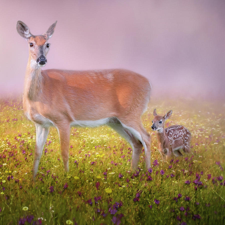 Doe and Fawn square Photograph by Bill Wakeley