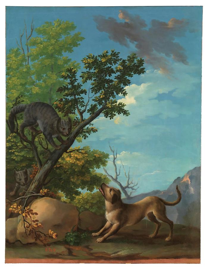 Dog and Cats. Ca. 1775. Oil on canvas. Painting by Gines Andres de Aguirre -1727-1800-