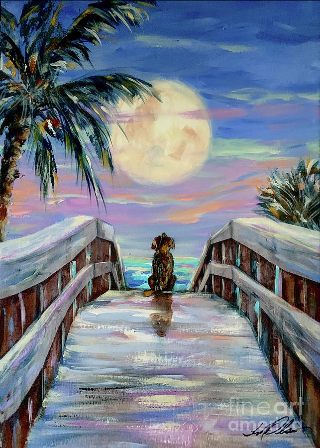Dog and Moon Painting by Linda Olsen