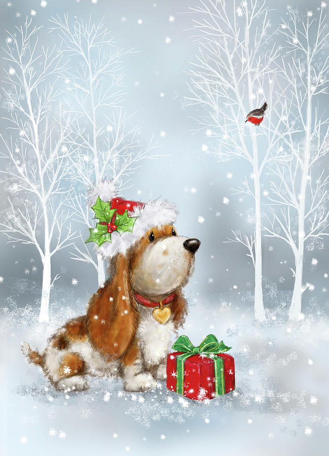 Winter Mixed Media - Dog And Robin With Present by Makiko