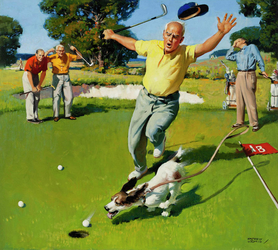 Dog Chasing Golf Ball Painting by Andrew Loomis