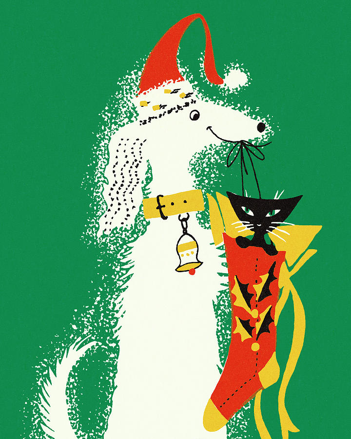 Christmas Drawing - Dog Holding a Christmas Stocking with a Cat by CSA Images