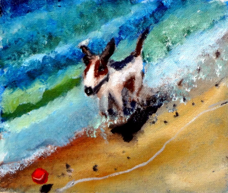 Dog on Beach with a ball Painting by Katy Hawk