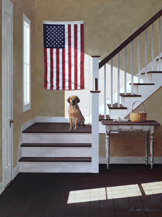 Dog Painting - Dog On Stairs by Zhen-huan Lu