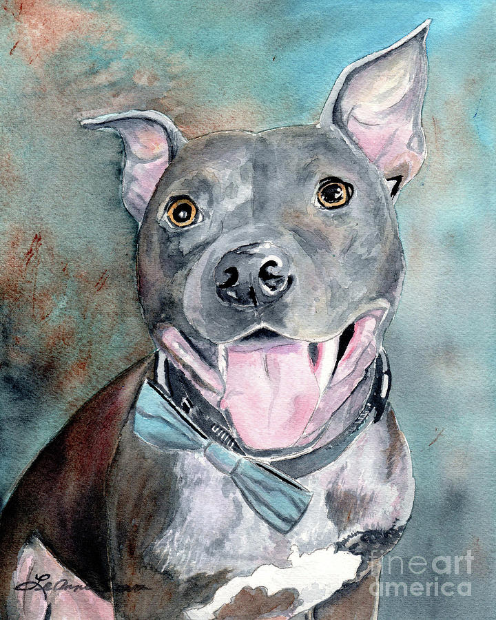 Dog Portrait, Gray Silver Pitbull Painting by LeAnne Sowa