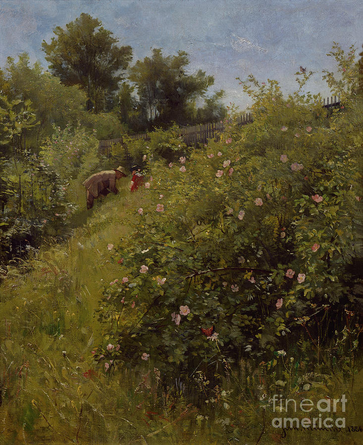 Dog roses, 1886 Painting by O Vaering by Gerhard Munthe