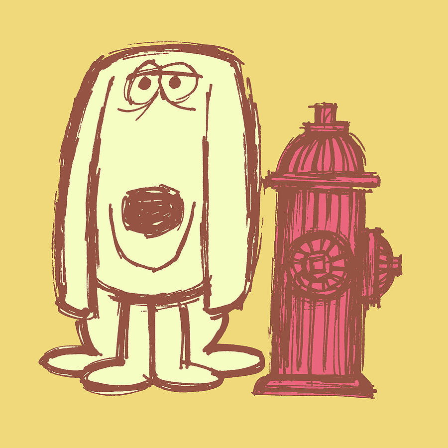 Nature Drawing - Dog smiling next to hydrant by CSA Images