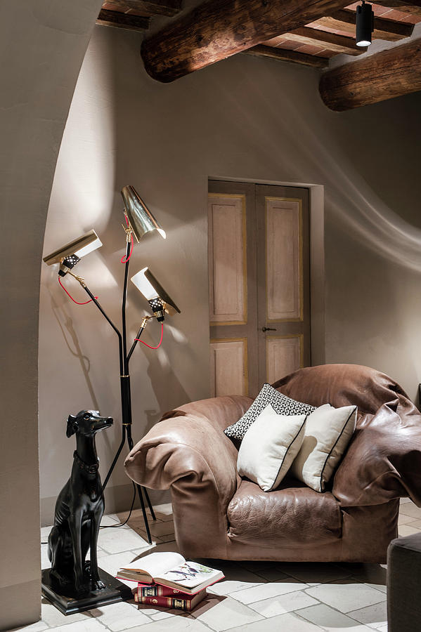 Dog Status And Designer Lamp Next To Brown Leather Armchair Photograph by Francesca Pagliai