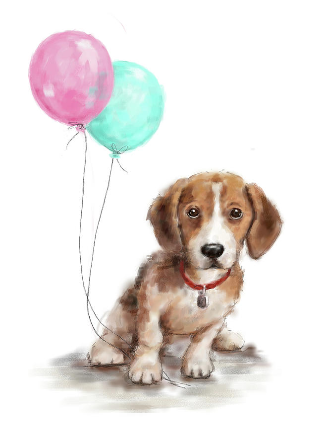 Animal Mixed Media - Dog With Balloon 1 by Makiko