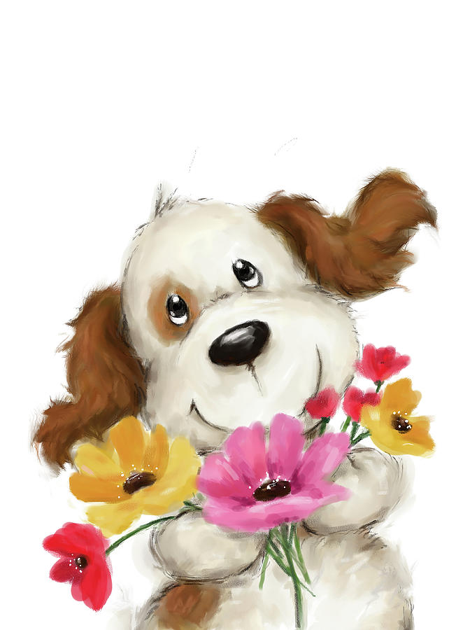 Flower Mixed Media - Dog With Flowers 2 by Makiko
