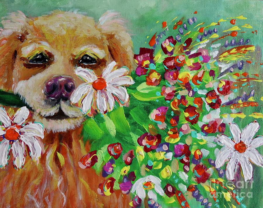 Dog With Flowers Painting