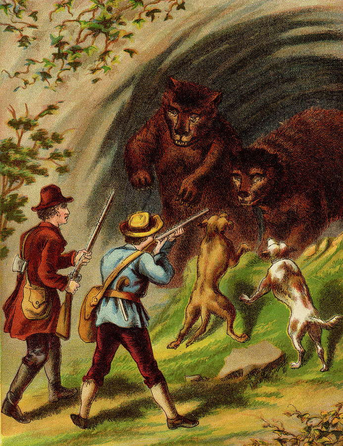 Dogs bark at the mouth of a cave ay two large brown bears Painting by Unknown