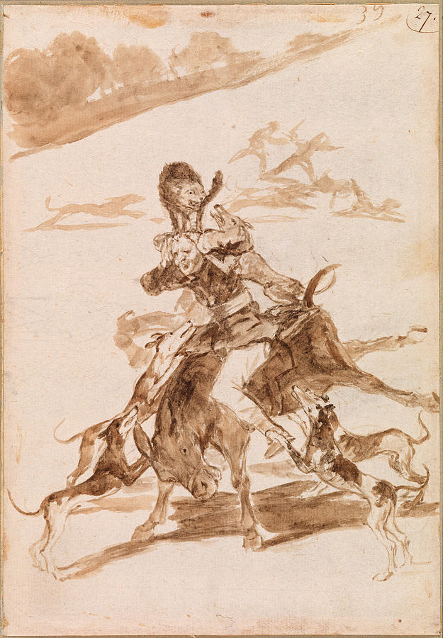 Dogs Chasing a Cat on a Man on a Donkey Drawing by Francisco Goya