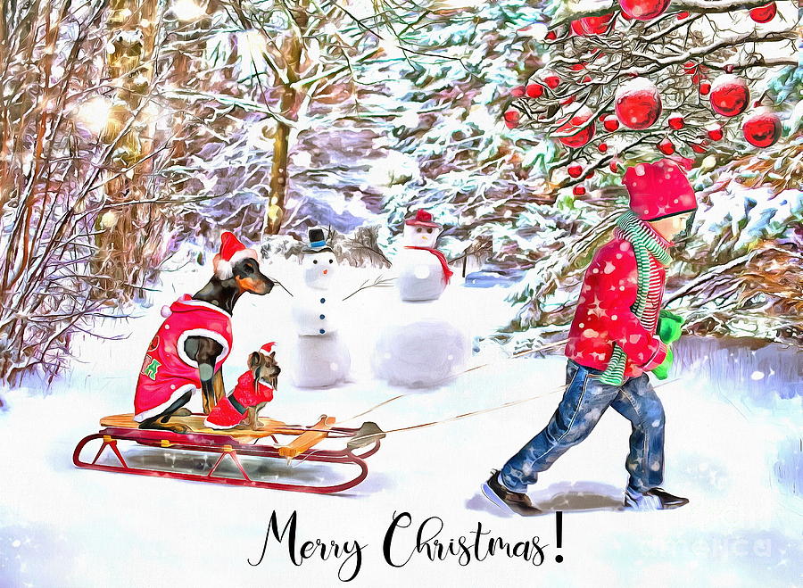 Dogs on a sleigh Merry Christmas Mixed Media by Louise Lavallee - Fine ...