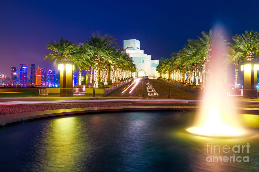 Doha Fountain by night Photograph by Benny Marty