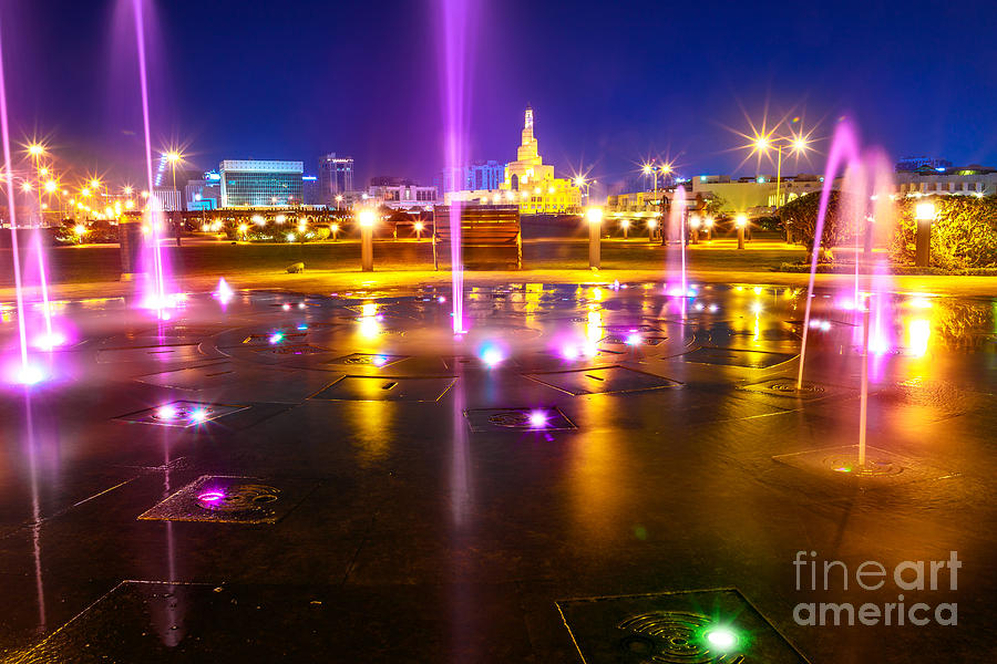 Doha water fountain night Photograph by Benny Marty