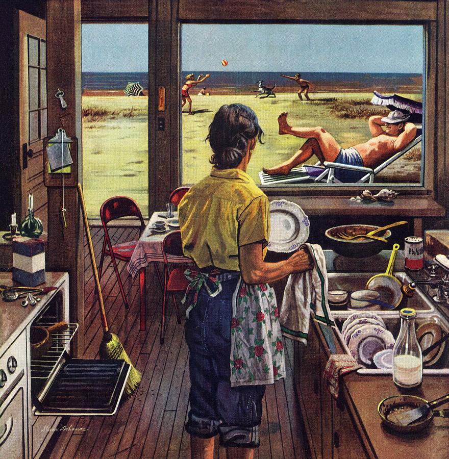 Doing Dishes At The Beach Drawing by Stevan Dohanos