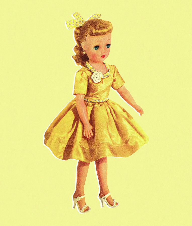 Vintage Drawing - Doll Wearing Yellow Dress by CSA Images