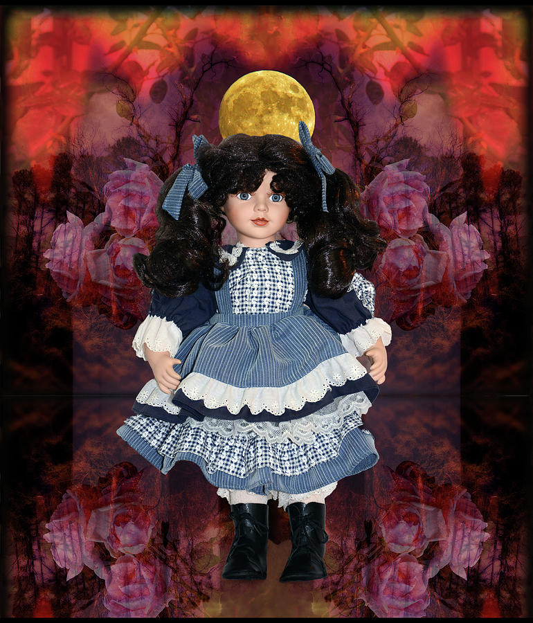 Doll With Roses Under The Moon Mixed Media