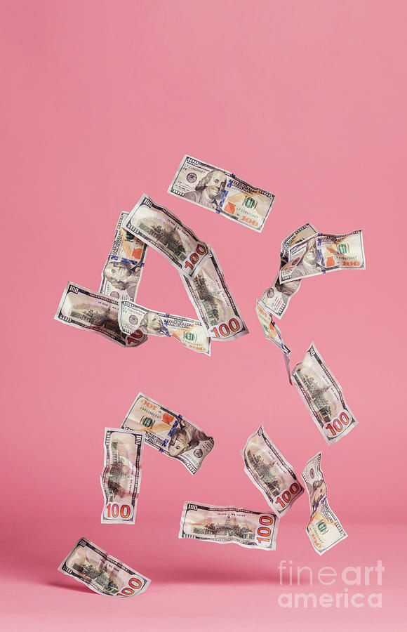 Fall Photograph - Dollar bills falling down on pink background. by Michal Bednarek