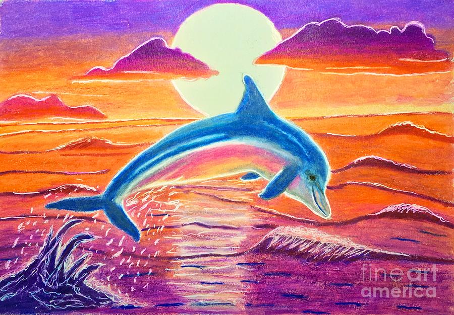 Dolphin At Sunset Drawing By Melanie Nadeau