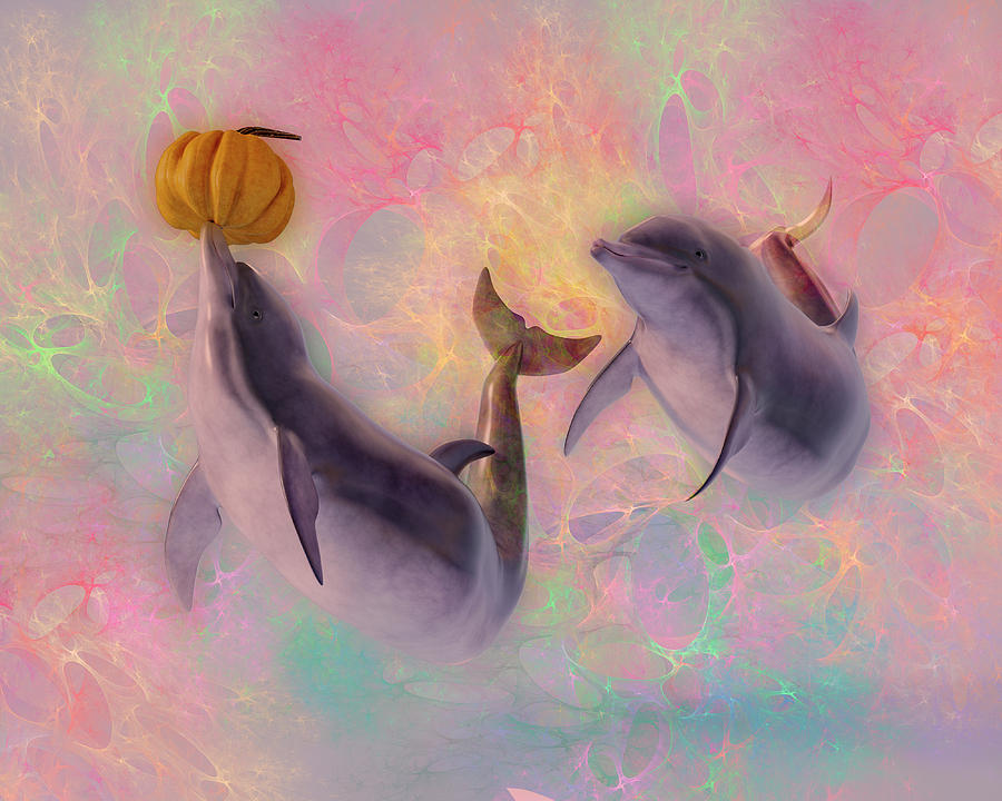 Dolphin Friends Play With Pumpkins Digital Art