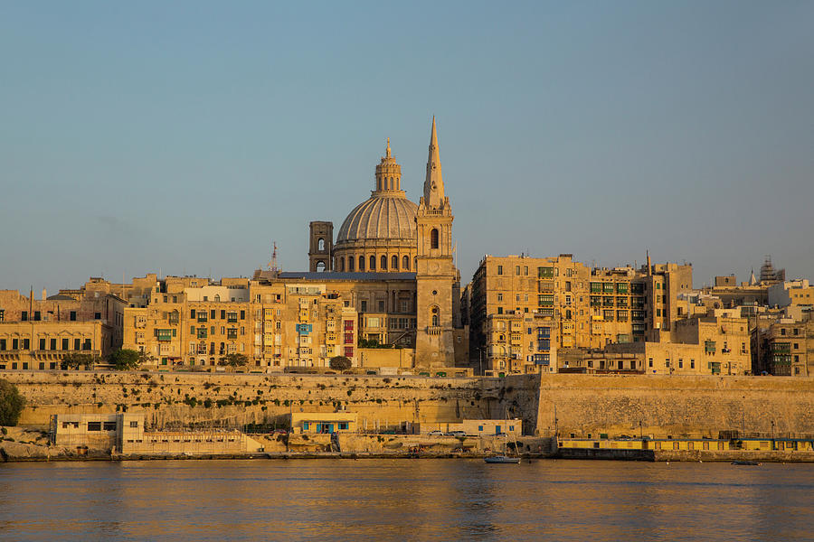 Dome Of Carmelite Church And St. Paul's Cathedral Over Water, Valletta ...