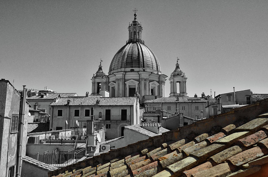 Dome of SantAgnese in Piazza Navona Over Tiled Rome Rooftops Color Splash Digital Art by Shawn OBrien