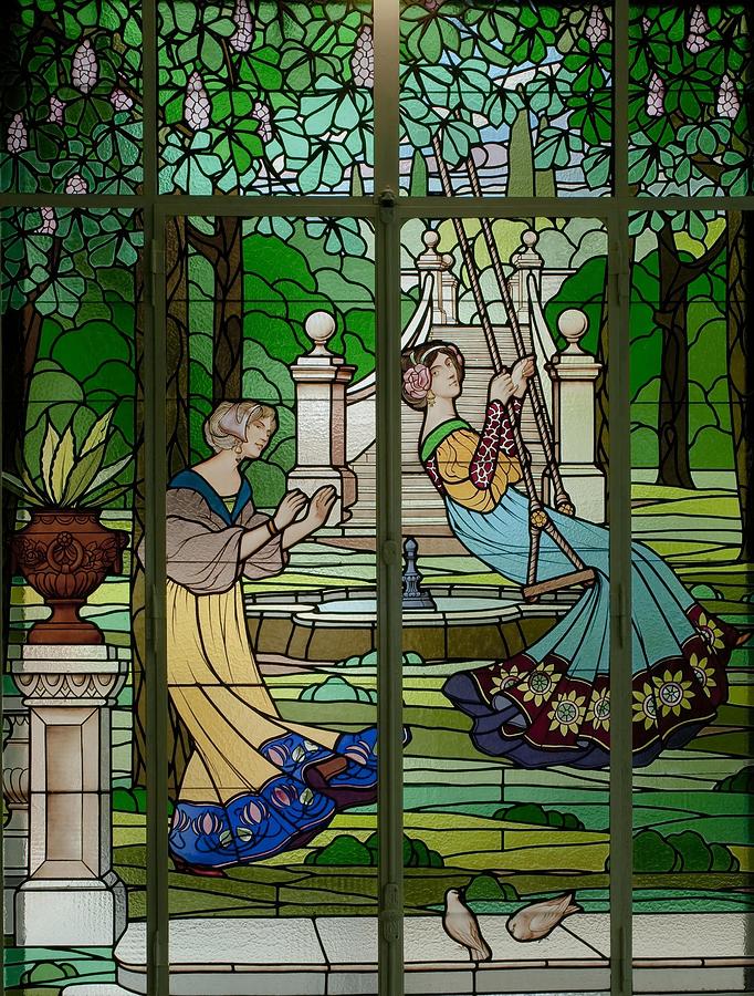 Domenech House, detail of the triptych Ladies Cerdanyola. attributed to Ludwig von Dietrich Bearn. Glass Art by Album