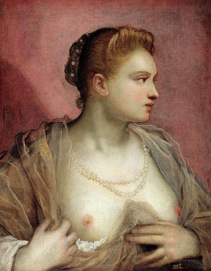 Domenico Tintoretto / Lady Baring her Breast, 16th century, Italian School, Oil on canvas. Painting by Domenico Tintoretto -1560-1635-