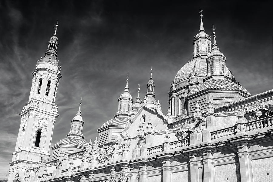 Domes and Towers Zaragoza Spain Cathedral BW Photograph by Joan Carroll