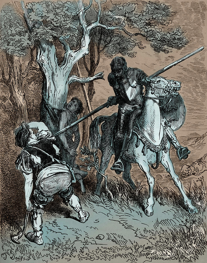 Knight Painting - Don Quixote Using His Spear To Threaten The Farmer by Gustave Dore