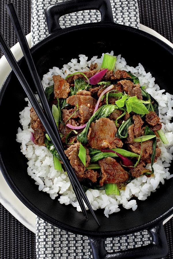 Donburi Beef With Chinese Cabbage, Spring Onions And Rice japan Photograph by Alessandra Pizzi