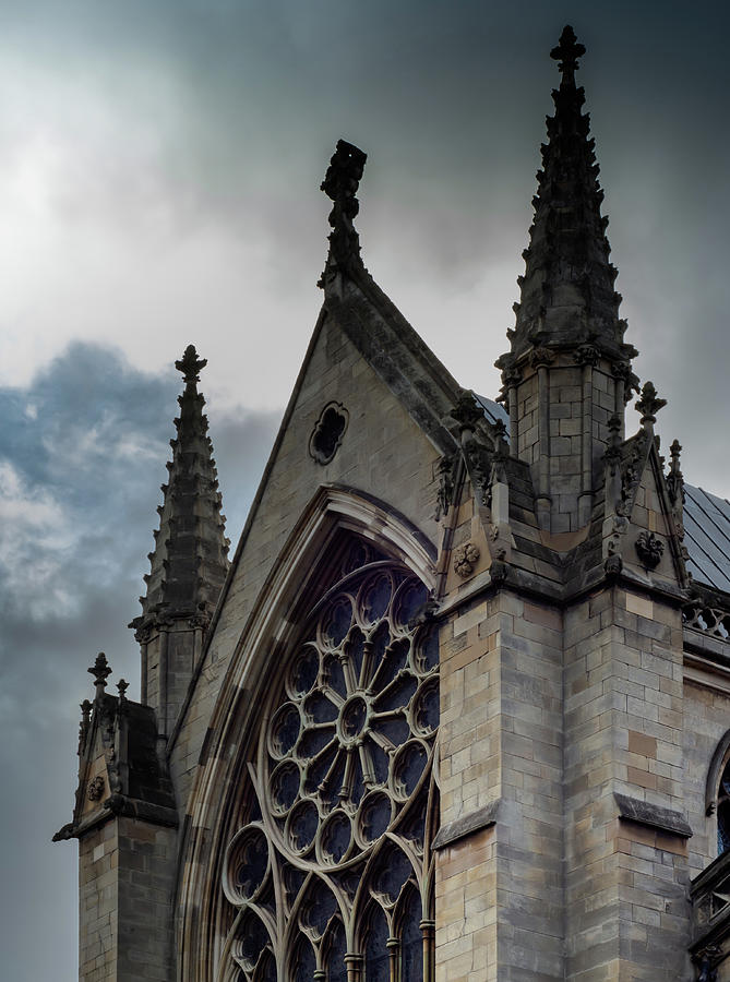 Doncaster Minster main window with gray sky Photograph by Scott Lyons
