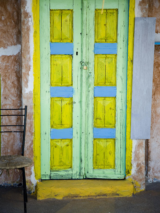 Door Painted Yellow Blue And Green With Photograph by Nicole Hill