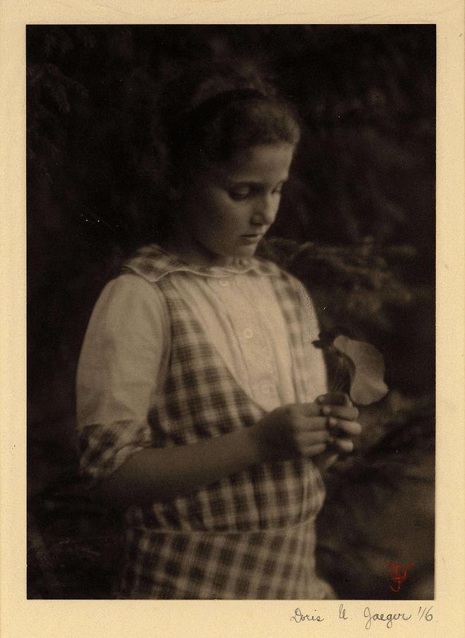 Doris Ulmann   1882-1934 , Girl With Headband, Standing In Front Of Evergreen Tree, Holding Leaves A Painting