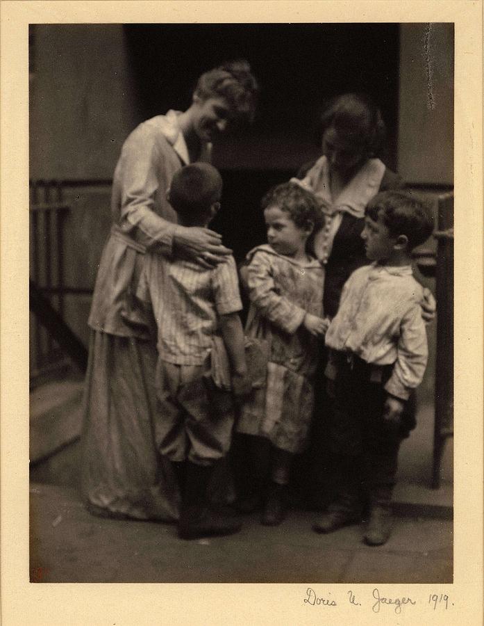Summer Painting - Doris Ulmann   1882-1934 , Three children, one carrying books, standing with two women by Celestial Images
